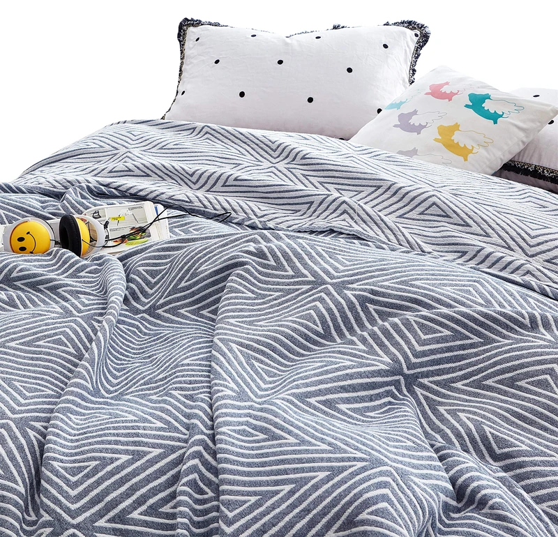 MEJU Blue Striped Checks Triange Muslin Reversible Throw Blanket for Bed Sofa Couch 100% Combed Cotton 3 Layer Soft Warm Quick Dry Throw Blanket Bedspread Bed Coverlet Sheet Full Queen 80 in X 90 in
