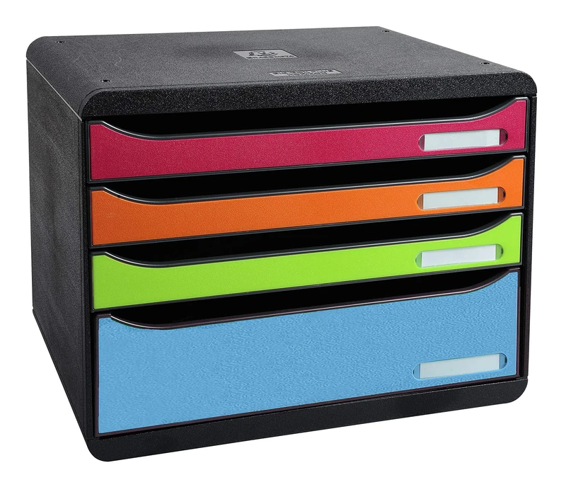 Exacompta - Ref 315798D - Iderama Collection - Big-Box Plus - 270 x 355 x 271mm in Size, Landscape, 4 Drawers Set, Suitable for A4+ Documents - Black/Harlequin