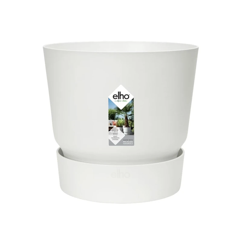 elho Greenville Round 40 - Large Flower Pot with Integrated Water Reservoir - Indoor & Outdoor - 100% Recycled Plastic - Ø 39.0 x H 36.8 cm - White/White