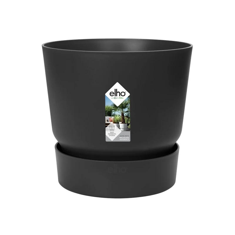 elho Greenville Round 40 - Large Flower Pot with Integrated Water Reservoir - Indoor & Outdoor - 100% Recycled Plastic - Ø 39.0 x H 36.8 cm - Black/Living Black