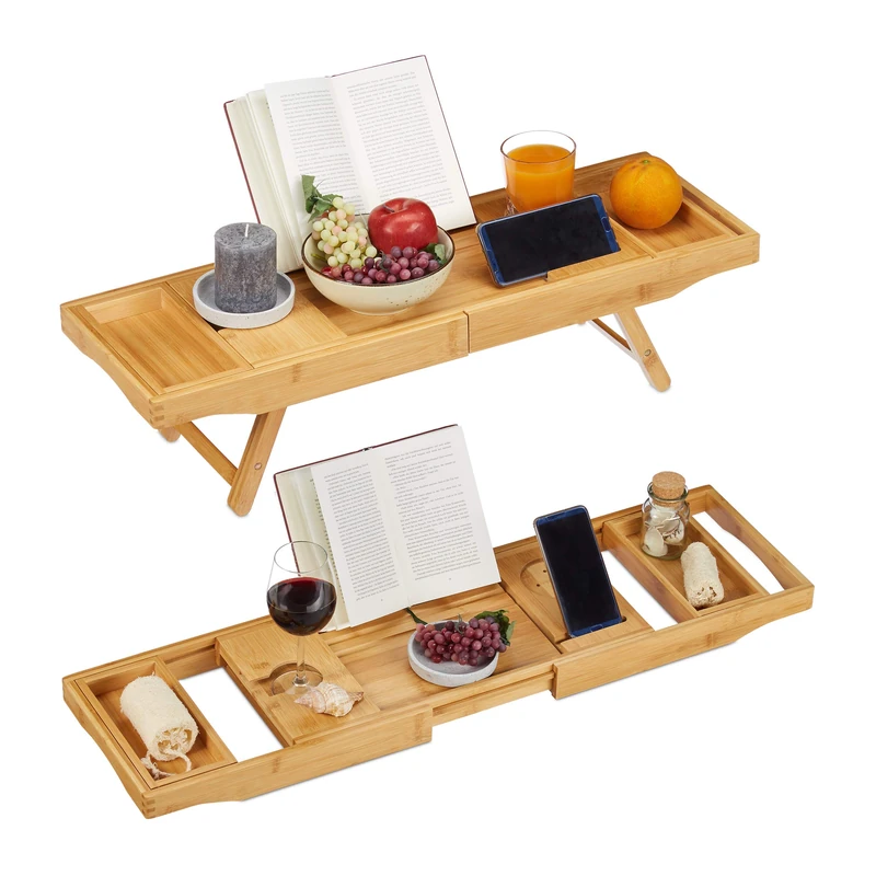 Relaxdays 2in1 Bamboo Bathtub Caddy & Serving Tray, Bookstand, Wine Holder, Bathroom Stand, 74.5-114 cm, Extendible, Natural - Image 1
