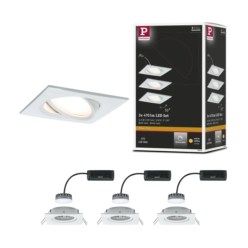 Paulmann 93678 Nova Plus LED recessed luminaire Set of 3 rect. Swivel 3x6.8W dimmable recessed Spotlight White matt spot Aluminium recessed lamp 2700K