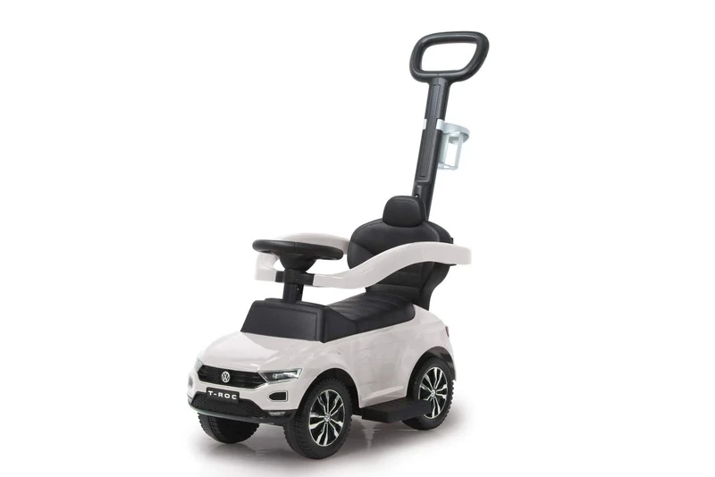 Jamara 460463 - Push Car VW T-Roc 3in1 White - Tilt Prevention, Backrest, Side Guard, Extendable Footrest, Sounds, Horn, Cup Holders