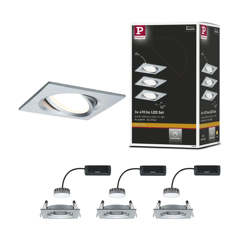 Paulmann 93680 Nova Plus LED recessed luminaire rectangular swivelling incl. 3x6.8 watt dimmable recessed spotlight aluminium spot aluminium recessed lamp 2700 K