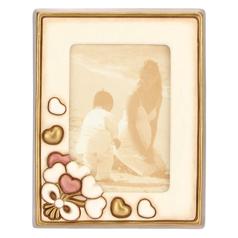 THUN - Ivory Rectangular Photo Frame with Hearts - Home Decoration - Hearts Line - Medium Size - Ceramic - Photo Format 10 x 15 cm