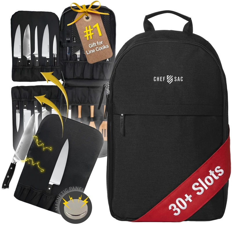 Chef Knife Bag Folding Knife Bag | 20+ Pockets for Knives & Kitchen Tools | Large Pocket for Tablet & Notebooks | 500D Fortified Nylon | Knife Backpack for Chefs & Culinary Students (Black)