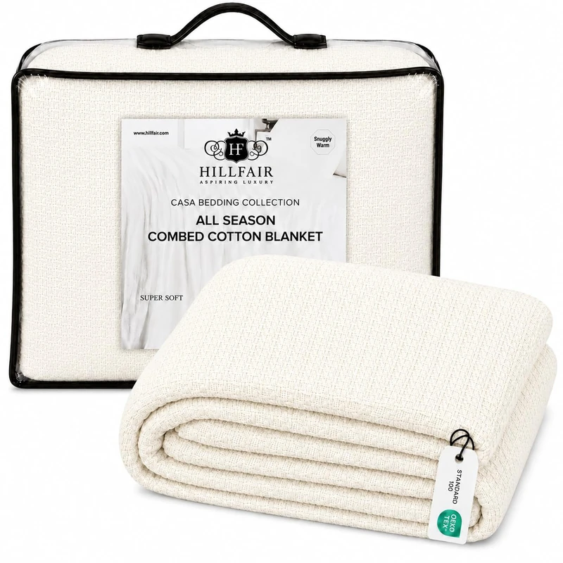 HILLFAIR 100% Combed Cotton Blanket– King Bed Blanket– Soft Cozy Warm Multipurpose Throws for Luxury Home Decor– 90 x 108 inch King Size Cotton Blankets for Beds- Bed Blankets for All Season- Ivory