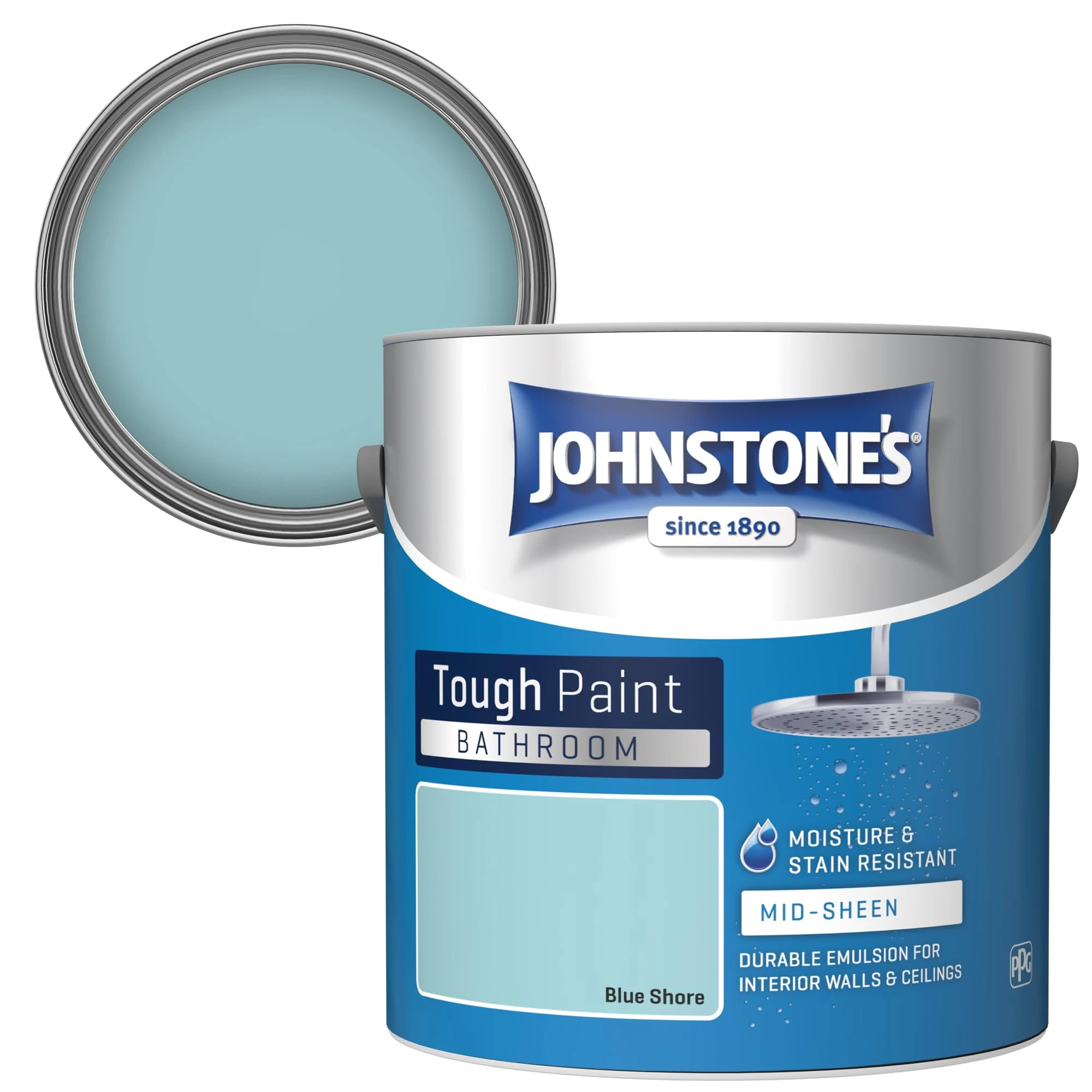 Johnstone's - Bathroom Paint - Blue Shore - Mid Sheen Finish - Stain Blocker Paint - Use in Moist & Damp Areas - Low Odour- Dry in 1-2 Hours - 12m2 Coverage per Litre - 2.5L