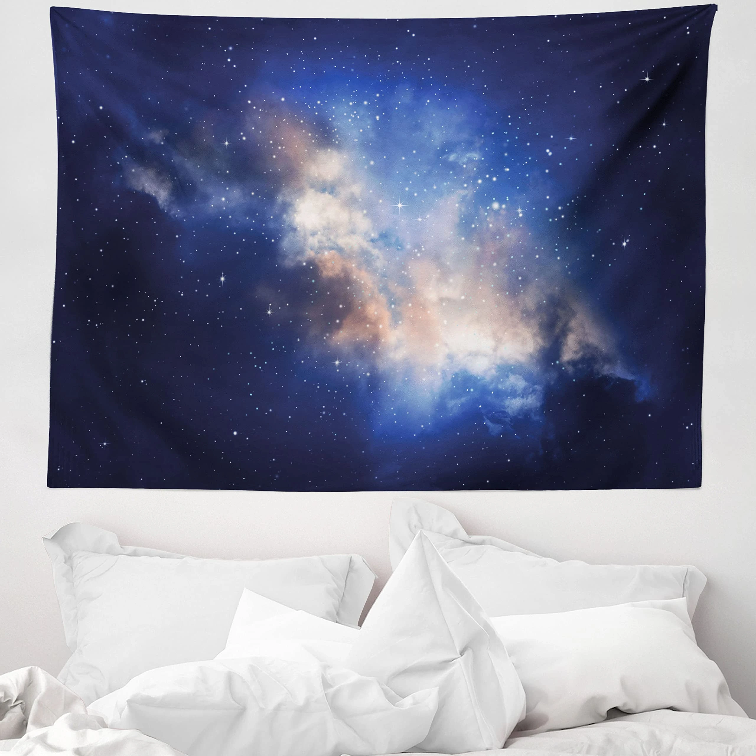 ABAKUHAUS Galaxy Tapestry, Nebula in Cloudy Sky View of Far Stars in Night Sky Milky Way Universe Print, Fabric Wall Hanging Decor for Bedroom Living Room Dorm, 58 W X 43 L, Navy blue