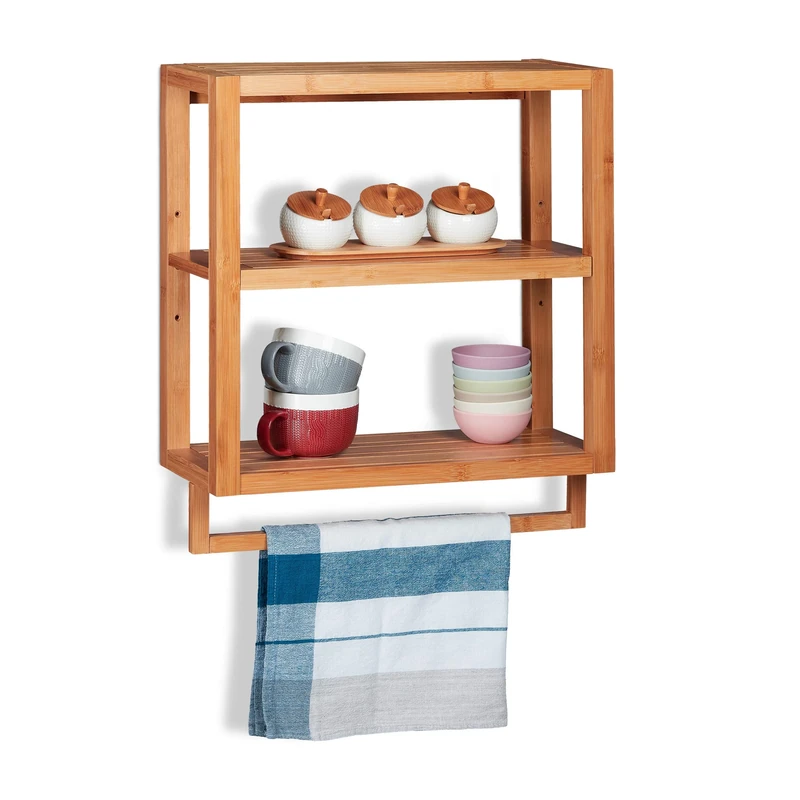 Relaxdays Bamboo Wall Shelf, 3 Tiers, Towel Rail, Adjustable Shelf, Kitchen & Bathroom Rack, HWD 58.5x52x21cm, Natural