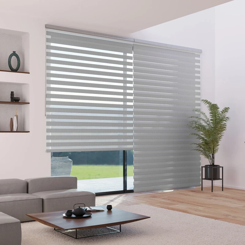 Madecostore Double Roller Blind Jacquard Fabric Grey – 64 x 250 cm – Drilling Required – Chrome Chain