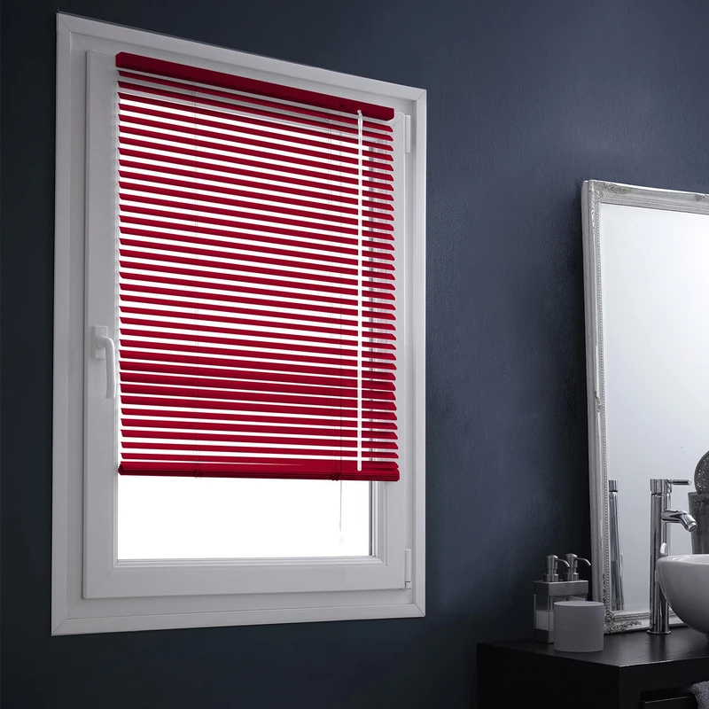 MADECOSTORE Easy Red Aluminium Venetian Blind - L87 x H150 cm - Self-Locking Mechanism - Strips 25 mm - No Drilling