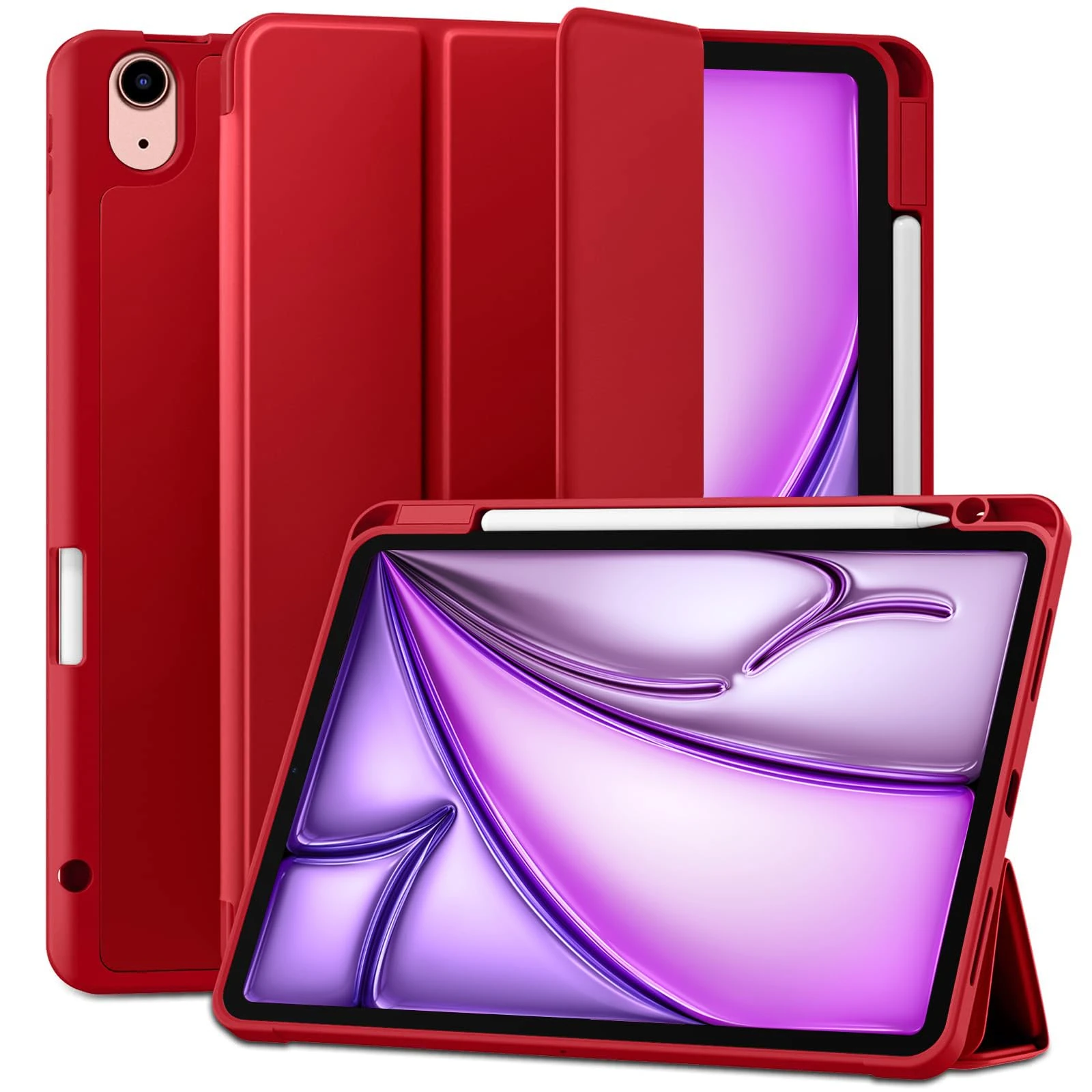 Maledan Case for iPad Air 11 Inch 2024 M2/ 2025 M3, iPad Air 5th 4th Generation Cover(10.9 Inch 2022/2020) with Pencil Holder, Flexible TPU Back Support Pencil Charging, Auto Sleep/Wake, Dark Red