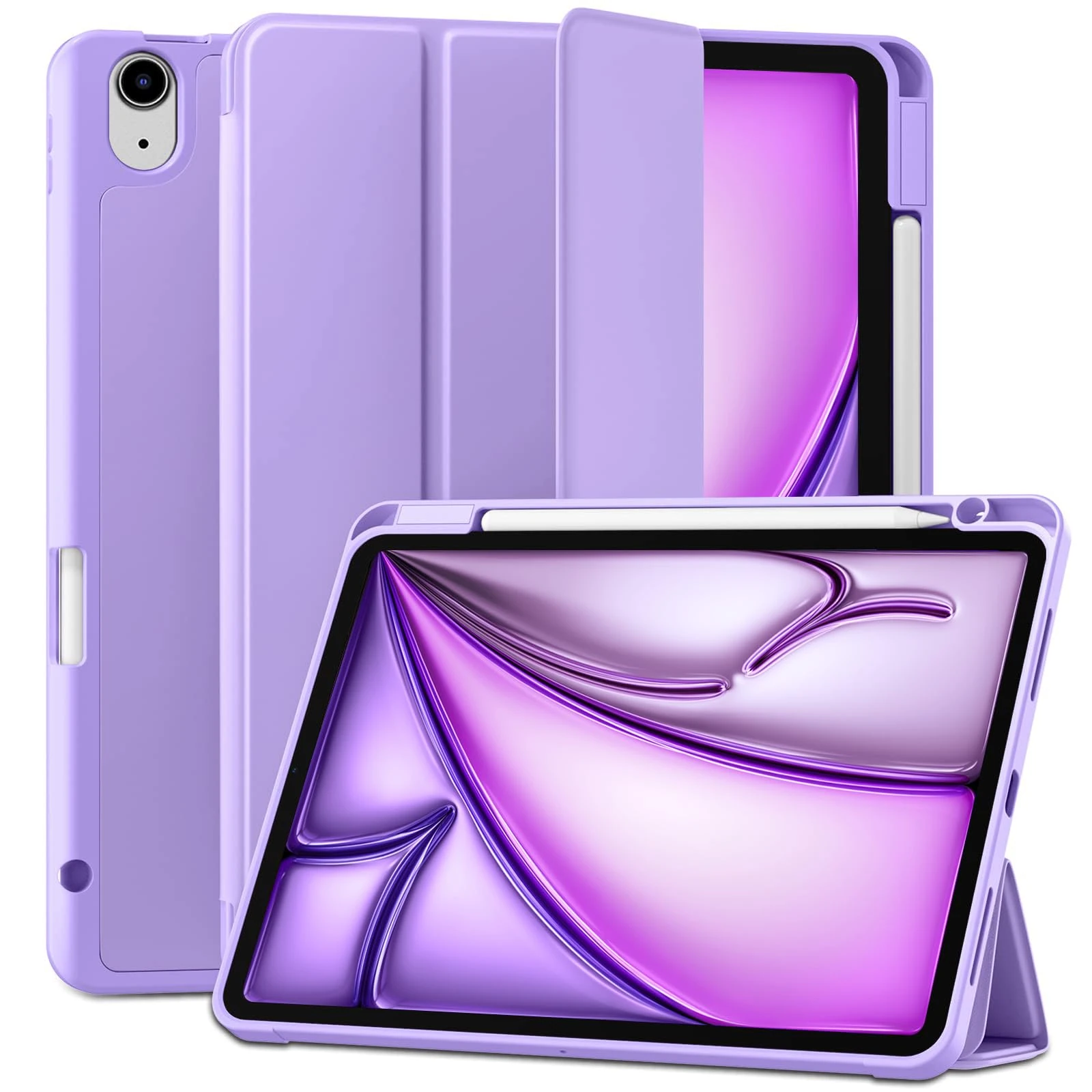 Maledan Case for iPad Air 11 Inch 2024 M2/ 2025 M3, iPad Air 5th 4th Generation Cover(10.9 Inch 2022/2020) with Pencil Holder, Flexible TPU Back Support Pencil Charging, Auto Sleep/Wake, Lavender