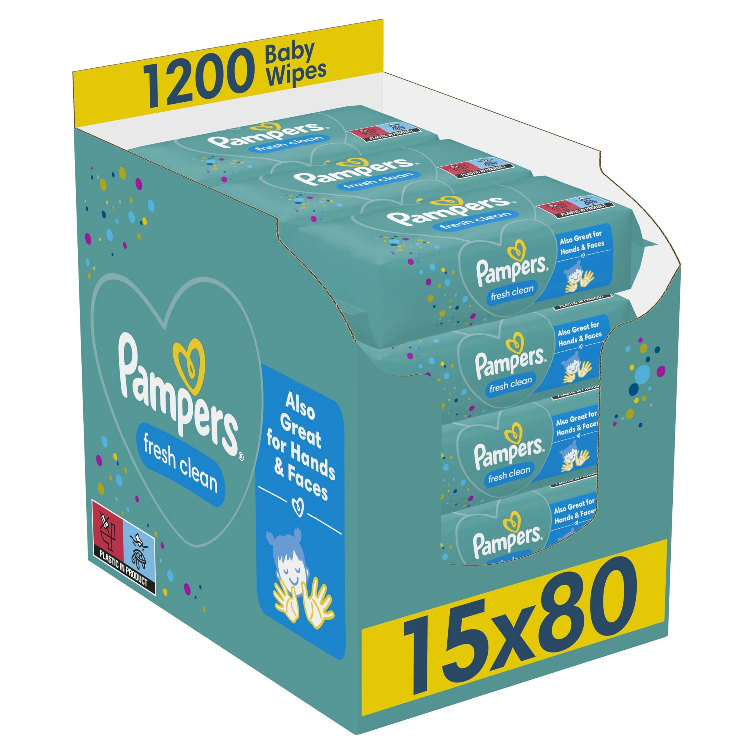 Pampers Fresh Clean Baby Wipes 15 Packs of 80 Wipes equals to 1200 Baby Wet Wipes, Also Great For Hands And Faces