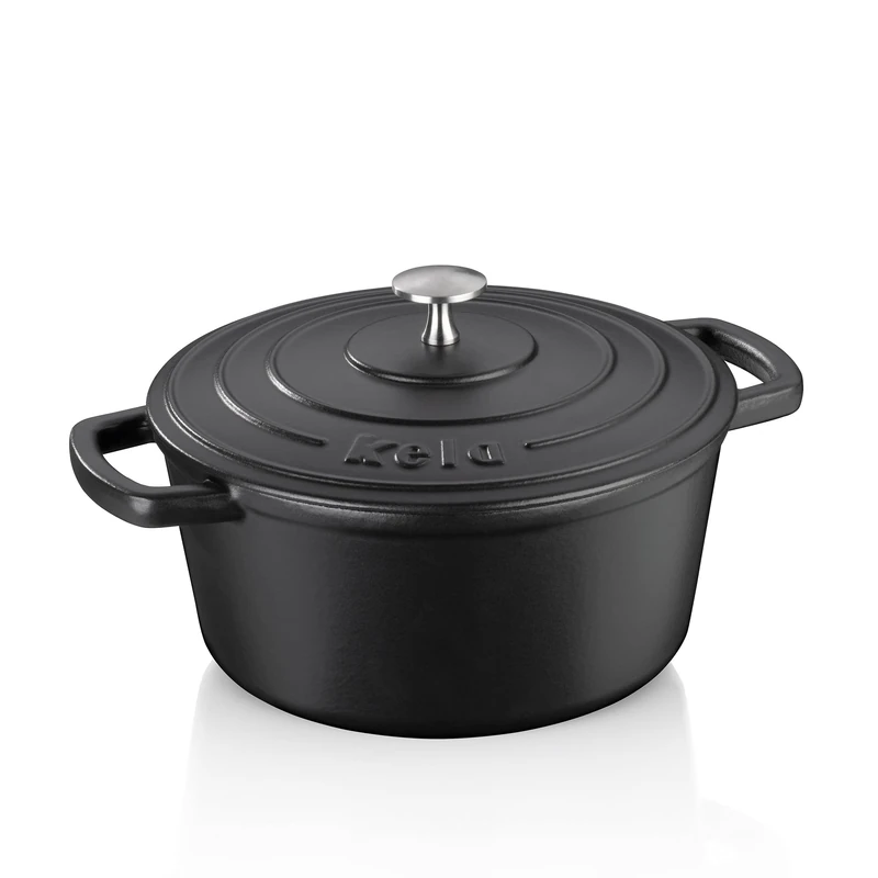 kela Roaster cast Iron Round 3.8 litres, Dutch Oven CALIDO, Induction cast Iron Roaster with lid, cast Iron Pot for Baking Bread, Enamelled, Black