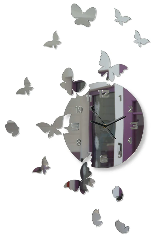 FLEXISTYLE Modern wall clock Butterflies acrylic glass 30cm dial silent movement (non ticking) made in EU (Mirror)