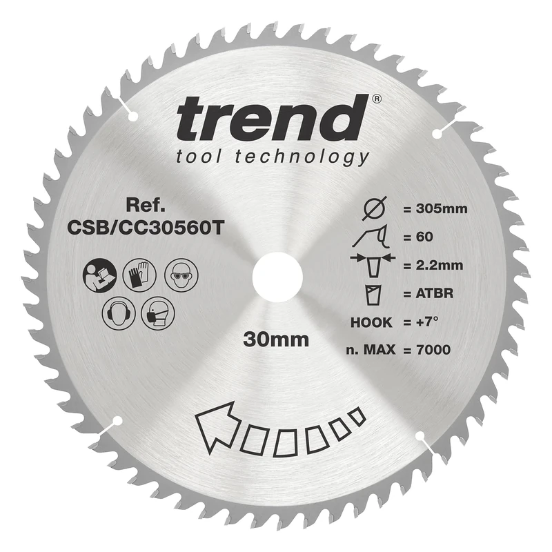 Trend Wood Cordless ATBR Mitre Saw Blade, 305mm Diameter, 30mm Bore, 60 Teeth, 2.2mm Kerf, +7° Hook, TCT, Fine Finish, CSB/CC30560T