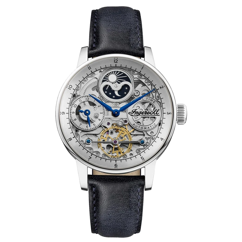 Ingersoll The Jazz Mens 42mm Automatic Moonphase Watch with Silver Skeleton Dial and Blue Genuine Leather Strap I07702
