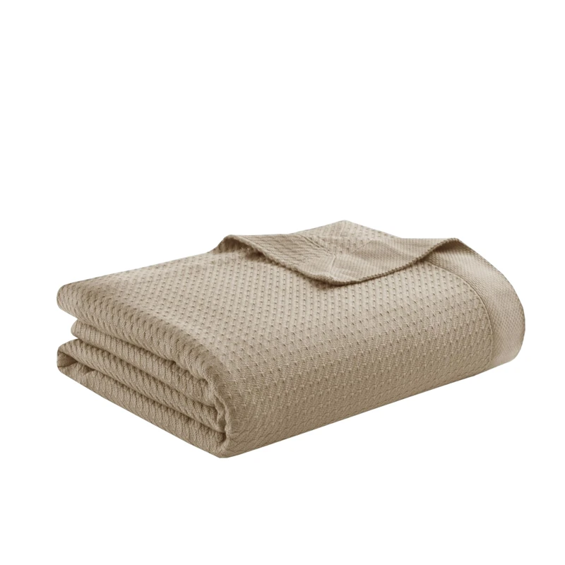 Madison Park Soft Certified 100% Egyptian Cotton Breathable Cozy Blanket, Premium Waffle Knit Classic Design, Luxury All Season Lightweight Cover for Bed, Couch and Sofa, Khaki Twin(66"x90")