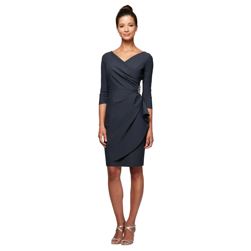 Alex Evenings Women's Slimming Short Sheath 3/4 Sleeve Cocktail Dress, Wedding Guest (Petite and Regular Sizes) Special Occasion, Charcoal, 10