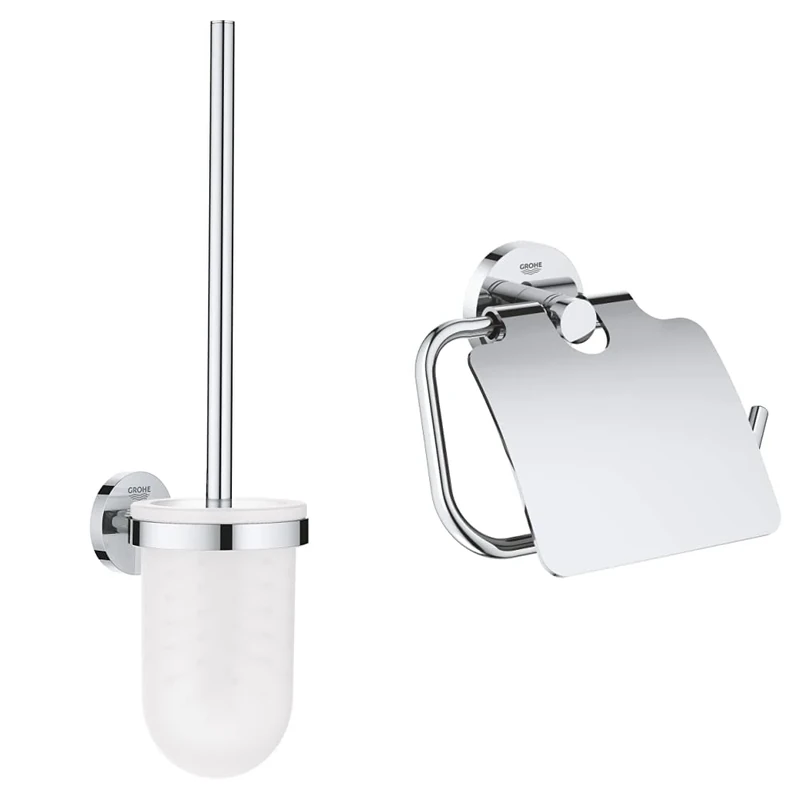 GROHE 40374001 Essentials Toilet Brush Holder Silver + GROHE 40367001 Essentials Paper Holder with Lid Silver