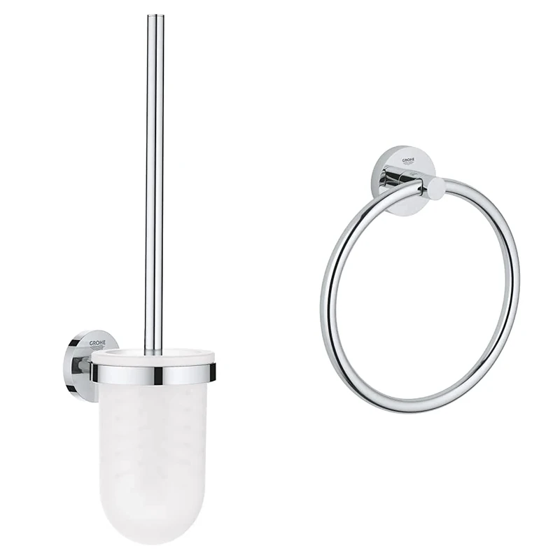 GROHE 40374001 Essentials Toilet Brush Holder Silver + GROHE 40365001 Essentials Towel Ring Silver