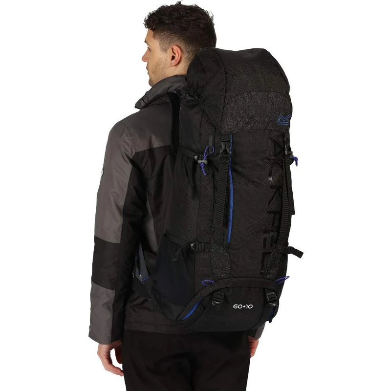 Regatta Blackfell 3 Expandable Reflective Hardwearing Travel Hiking Backpack - Black/Surfspray, 60 + 10 Litre