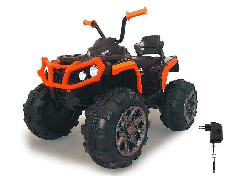 Jamara 460449 - Ride-on Quad Protector Orange 12V - Keyless Start, 2 Speed, Lights, Horn, Sounds, FM Radio, External Audio Sources, Shock Absorbers, High Performance Battery