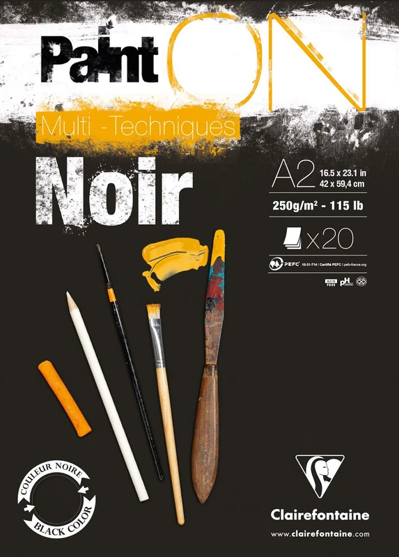 Clairefontaine - Ref 975171C - Paint'ON Multi-Technique Black Paper Pad (20 Sheets) - A2 Size, 250gsm Heavyweight Paper, Slight Rough Grain, Acid Free, pH Neutral, A3