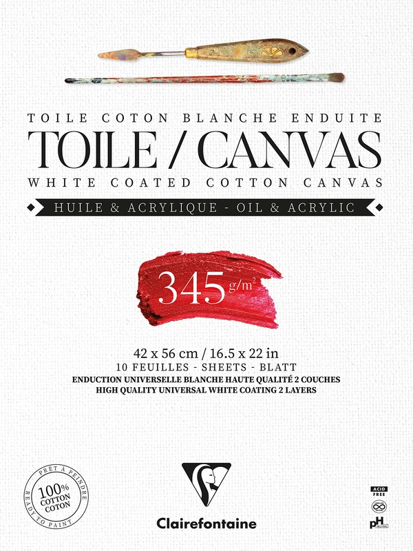 Clairefontaine - Ref 975225C - Ready to Paint Canvas Pad (10 Sheets) - 42 x 56cm Sized, 345gsm Paper, Acid Free, pH Neutral - White - Suitable for Oil & Acrylic Paint