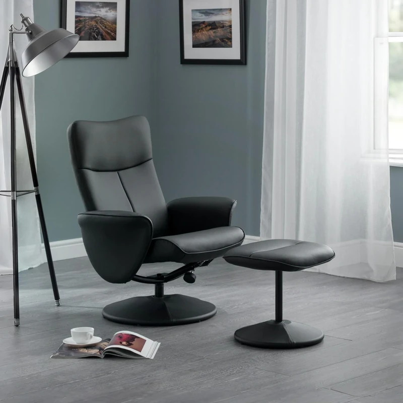 Julian Bowen Lugano Recliner And Stool With Covered Base - Black Faux Leather - Luxurious Comfort