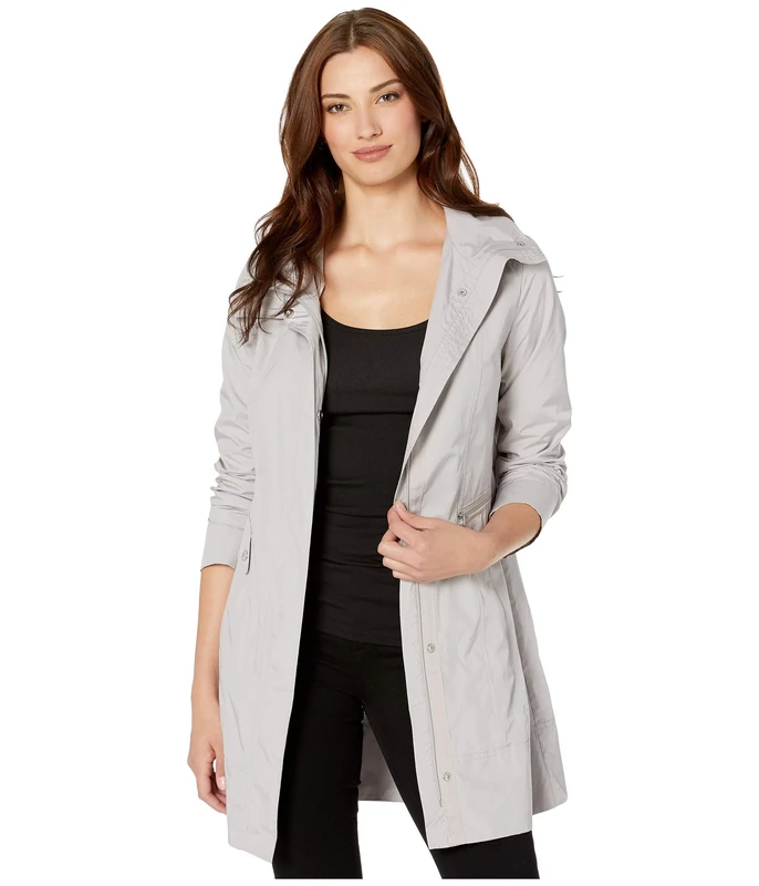 Cole Haan Women's Packable Hooded Rain Jacket with Bow (Standard and Plus Size), Pearl, XL