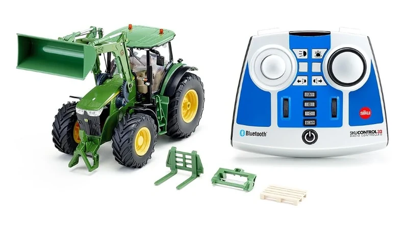 siku 6795, John Deere 7310R tractor with front loader, Green, Metal,Plastic, 1:32, Remote controlled, Includes Bluetooth remote control and accessories, Can also be controlled with app