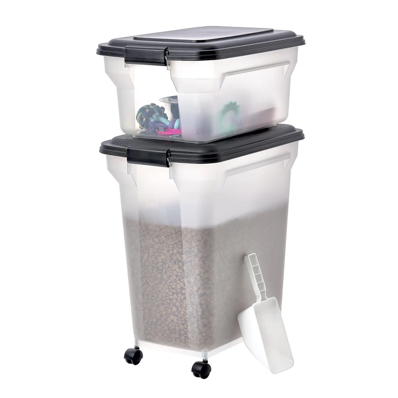 Iris Ohyama, Pet food Storage Container, Dog Storage, 4 Wheels & Scoop, 45L+20L/22.5kg, BPA Free, Airtight, Black, W36.5 x D25 x H44cm, ATS-C