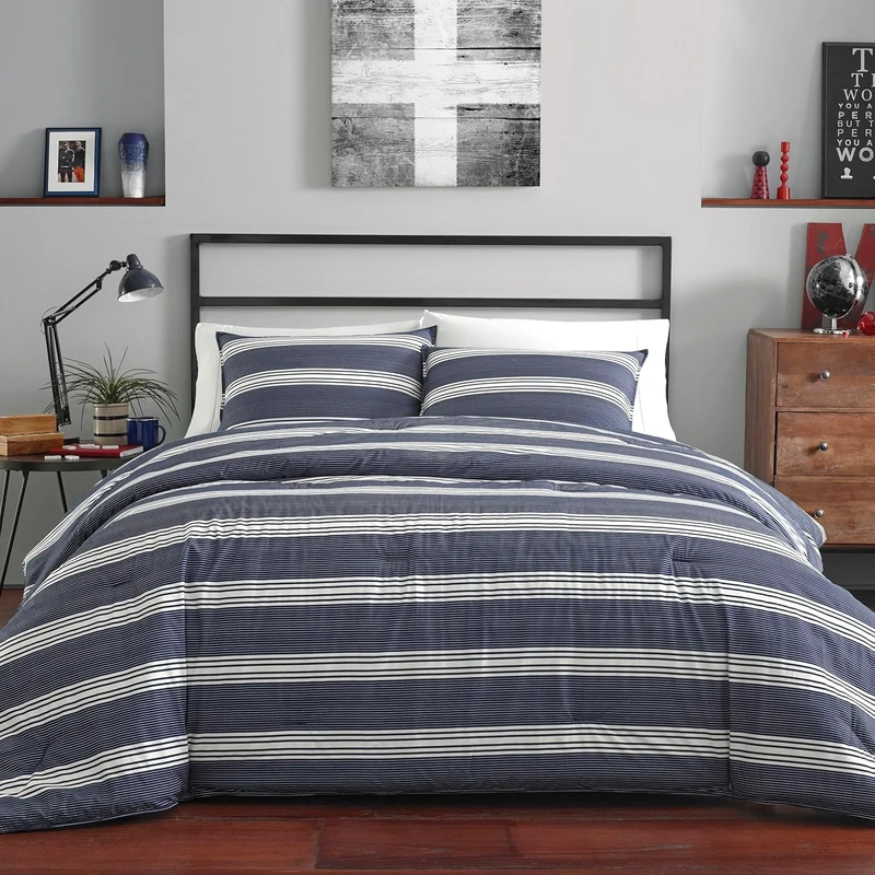 Nautica | 100% Cotton Cozy & Soft, Durable & Breathable Striped Comforter & Matching Sham(s), Navy, Twin