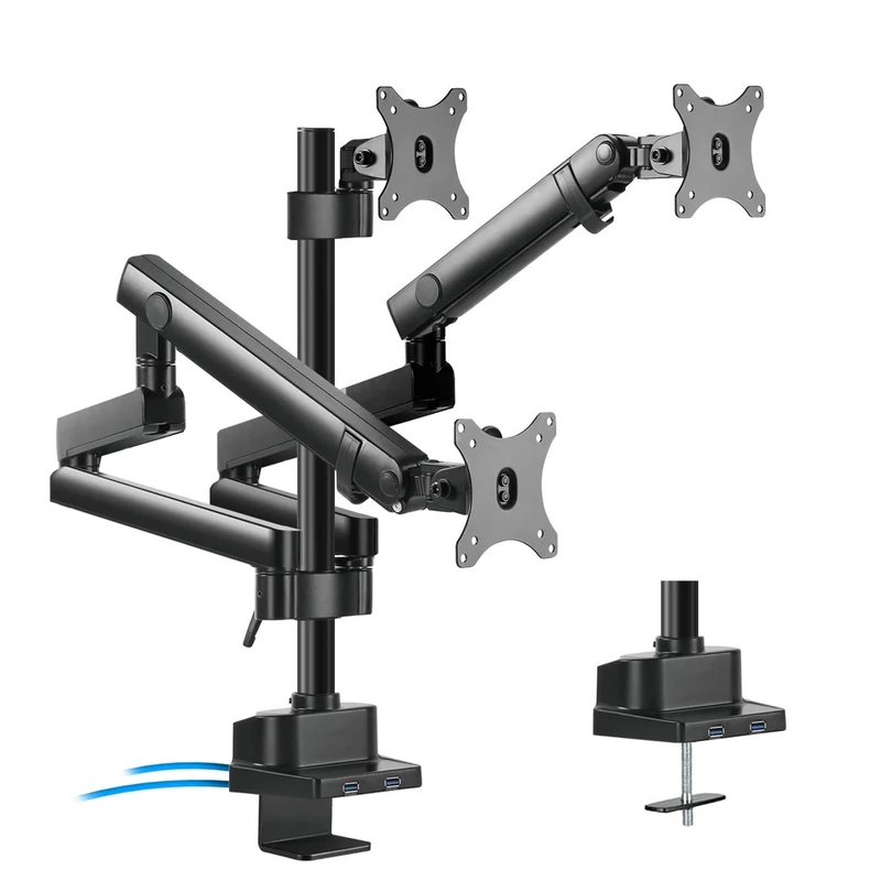 Maclean MC811 Monitor Stand with Gas Spring Desk Mount Monitor Arm Monitor Stand VESA 75x75 100x100 17-27 "For 3 Monitors + 2X USB 3.0 Desk Mount Arm Stand Holder (MC811-3x Monitor Arm)