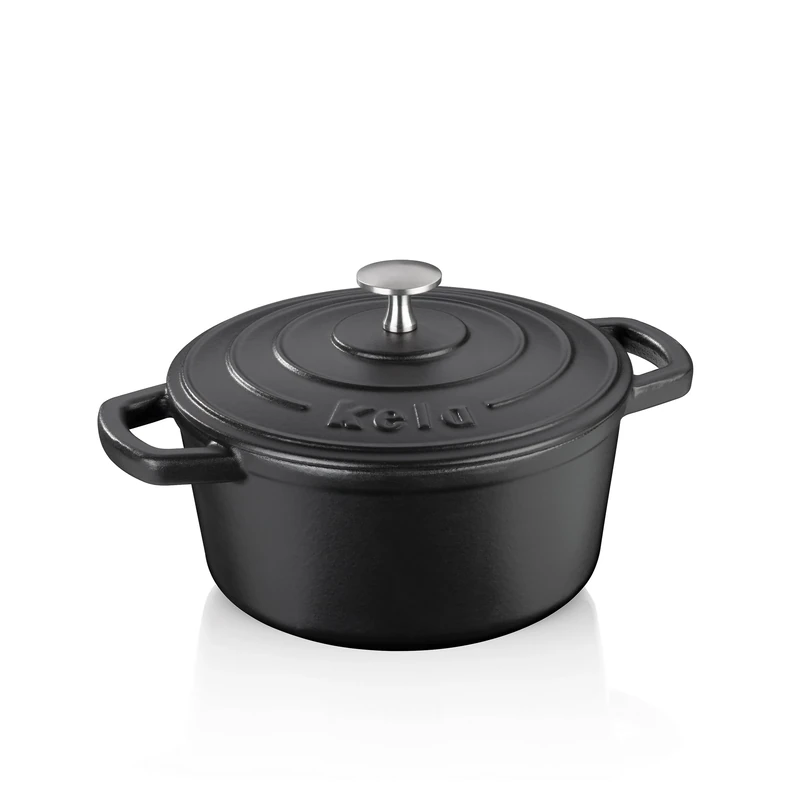 kela 12470 Roaster with lid, Cast Iron, Enamel Coating, High Heat Storage, Suitable for Induction, 2.5 L, Black, Round, Calido
