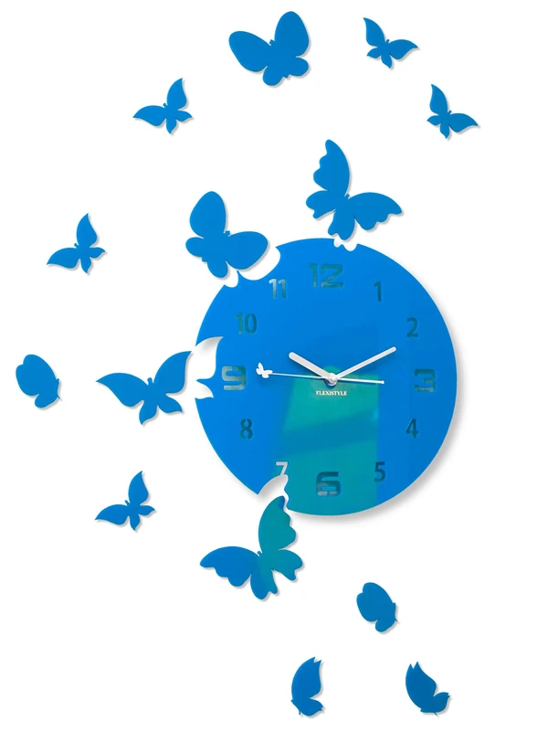 FLEXISTYLE Modern wall clock Butterflies acrylic glass 30cm dial silent movement (non ticking) made in EU (Blue)
