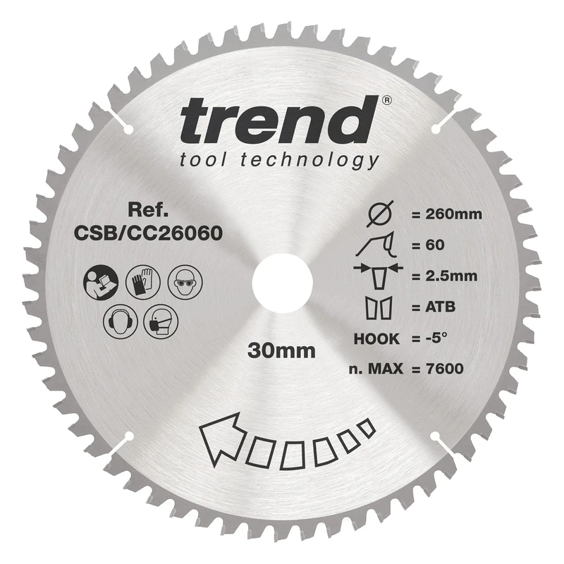 Trend Wood Mitre Saw Blade, 260mm Diameter, 30mm Bore, 60 Teeth, 2.5mm Kerf, -5° Hook, TCT, Fine Finish, CSB/CC26060