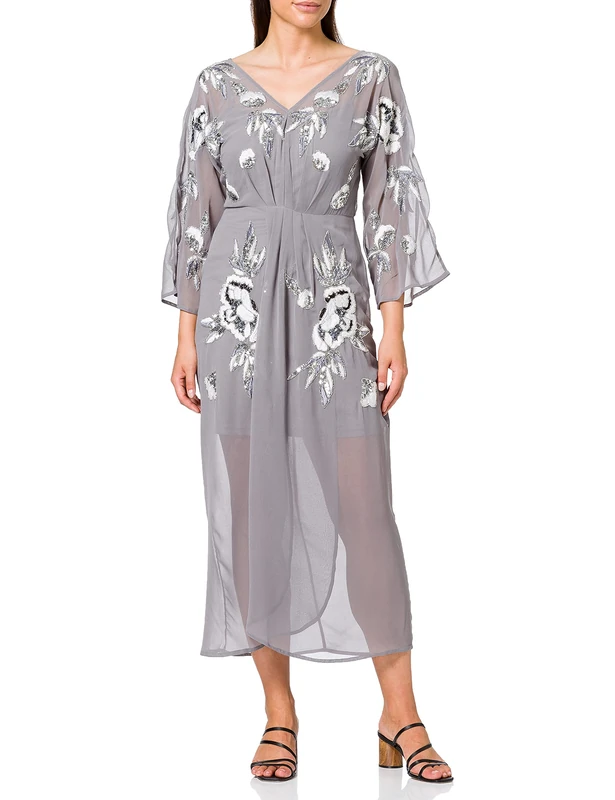 Frock and Frill Women's Gracie Embellished 3/4 Sleeve Midaxi Party Dress, Grey (Grey #98a0a5), (Size:14)