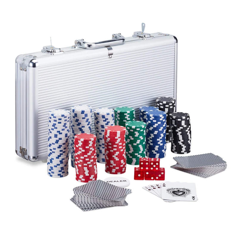 Relaxdays Poker Case, 300 Laser Poker Chips, 2 Card Decks, 5 Dice, Dealer Button, Lockable Aluminium Case, Silver