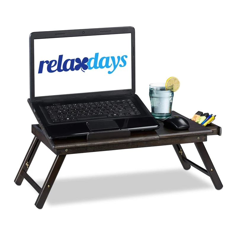 Relaxdays Bamboo Laptop Table, HWD: 24x60x35cm, Height-Adjustable Laptop Stand for Bed and Couch, With Drawer, Brown