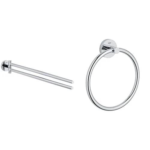 GROHE 40371001 Essentials Double Towel Bar, 449 mm, StarLight Chrome Finish + GROHE 40365001 Essentials Towel Ring Silver