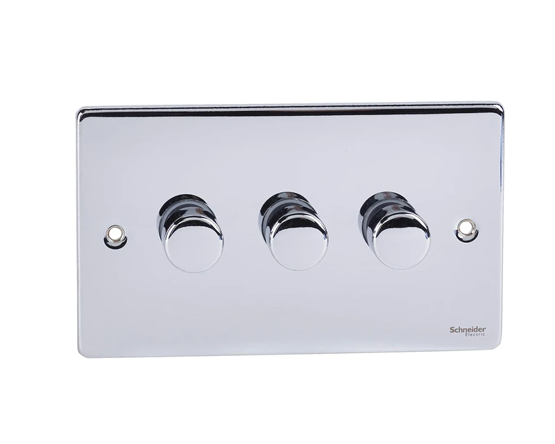 Schneider Electric GU6532CPC Ultimate Low Profile Polished Chrome 3 Gang 2 Way 250W/VA Mains & LV dimmer