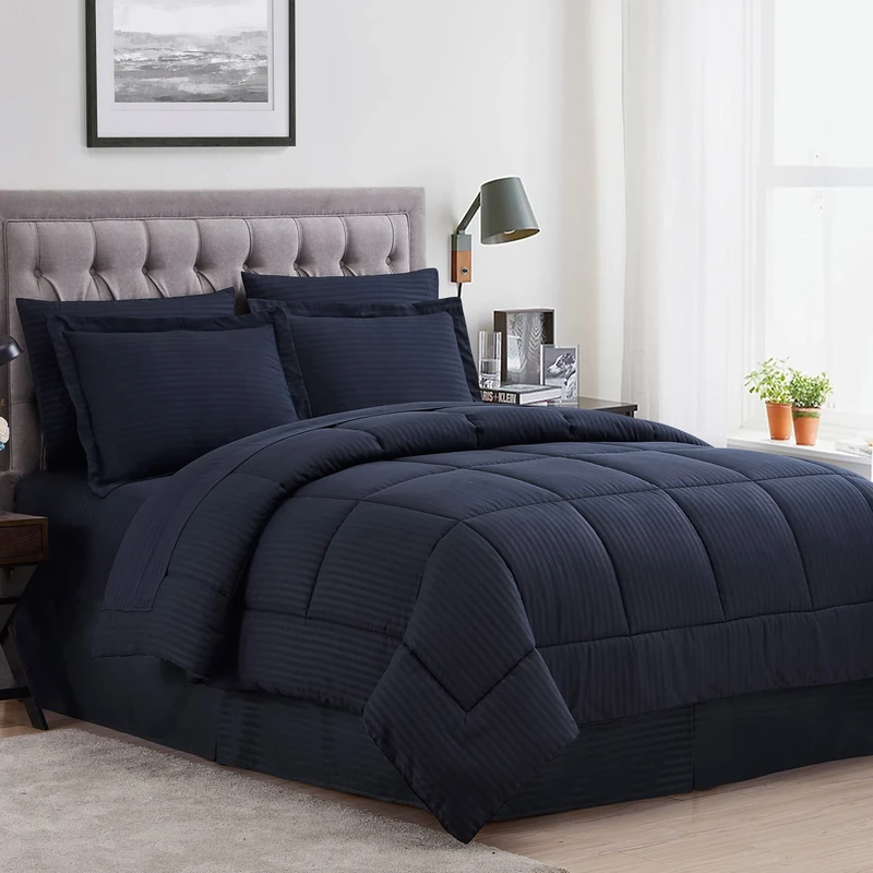 Sweet Home Collection 2 Pillowcases & 2 Shams & Bed Skirt All Season Warmth, Fine Double Brushed Microfiber/100% Fiber Fill, Dobby Navy, King