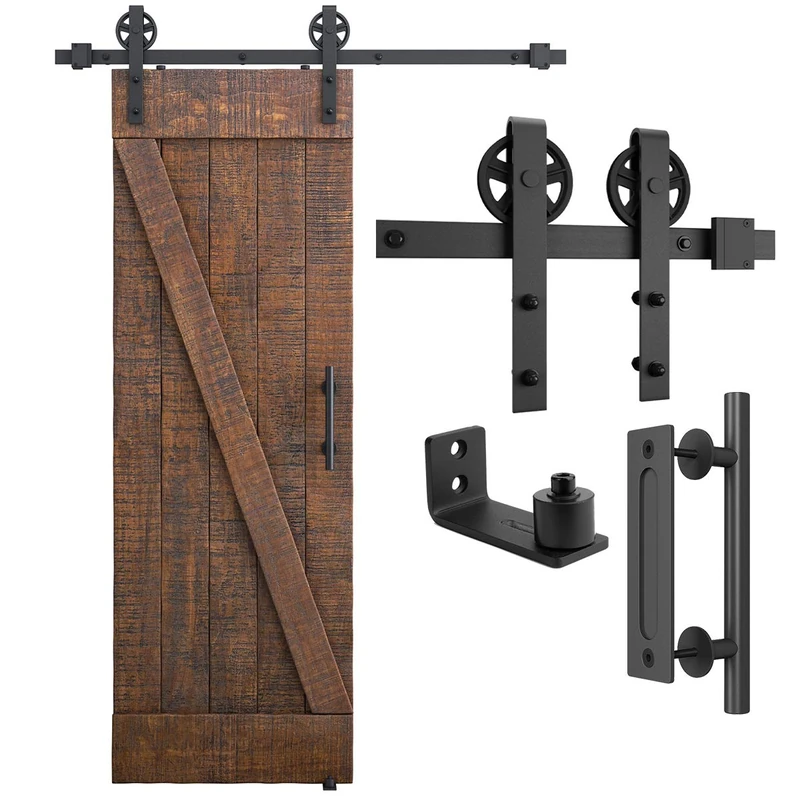 SMARTSTANDARD 5ft Heavy Duty Sliding Barn Door Hardware Kit, Black, (Whole Set Includes 1x Pull Handle Set & 1x Floor Guide) Fit 30" Wide Door Panel (Big Industrial Wheel Hangers)