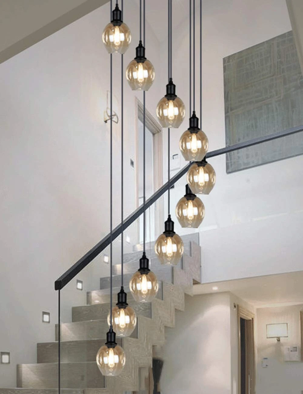 BDS Lighting Glass Balls Spiral Pendant Light for Staircase Modern Villa Multiple Lights E27 LED Size: 10 Balls
