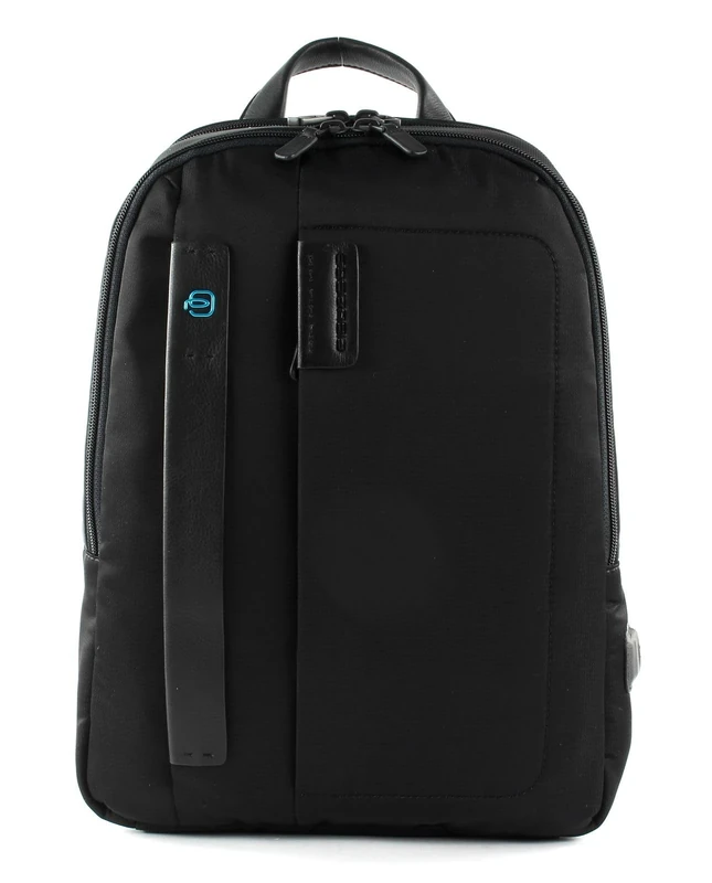 PIQUADRO P16 Small Backpack in Fabric and Leather for PC 14" with Two Compartments, Black, Taglia unica, Business