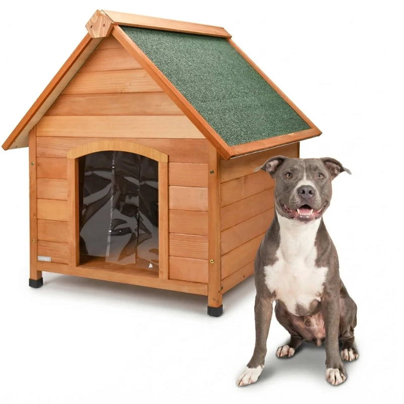 AQPET Wooden Dog Bed M Outdoor with Pitched Roof Waterproof and Thermal Tent, Insulated Dog House for Indoor and Outdoor, Weather Resistant, 87 x 116 x 96 cm